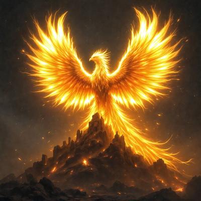 Primary subject: A bird with a fiery, golden plumage.

Setting/background: A dark, moody sky.

Visual style: Digital art.

Colors and mood: The bird's plumage is predominantly yellow and orange, creating a warm and vibrant atmosphere.